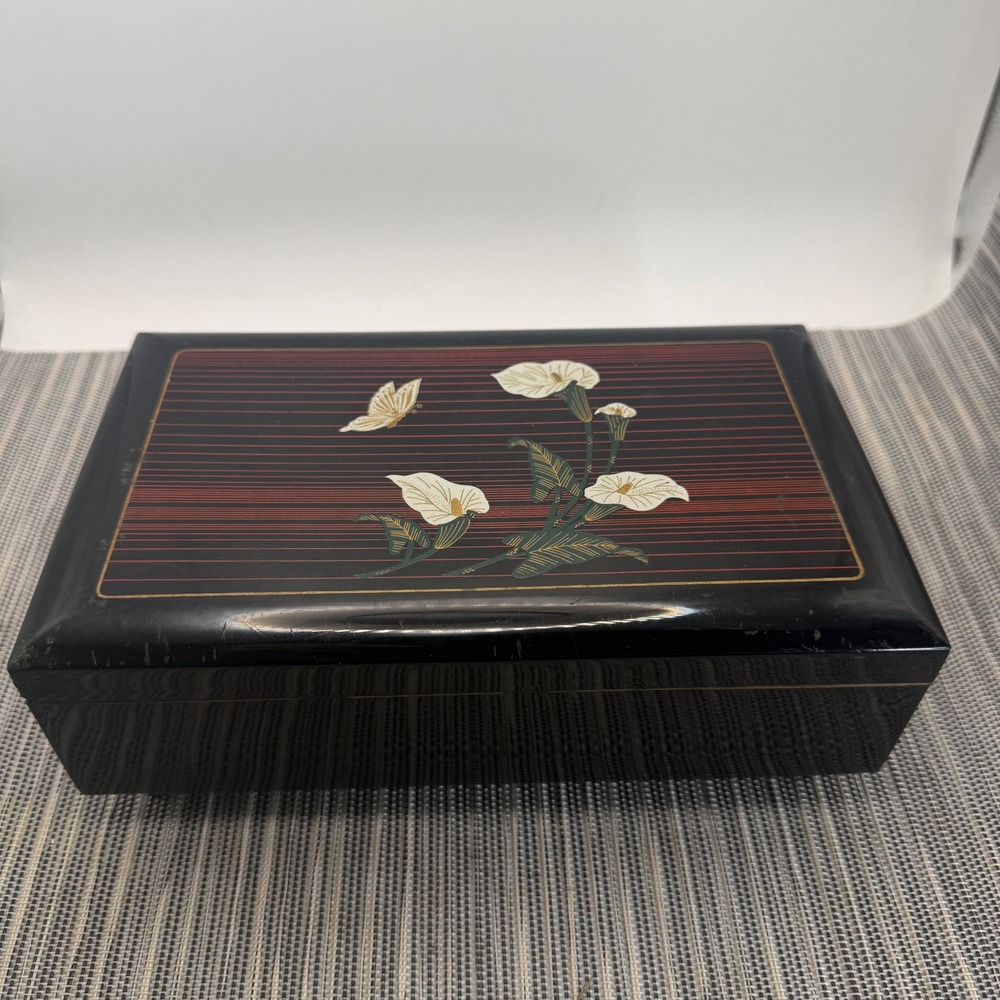 Vtg Japanese Lacquer Jewelry Music Box Calla Lily Butterfly Red Velvet Mirror